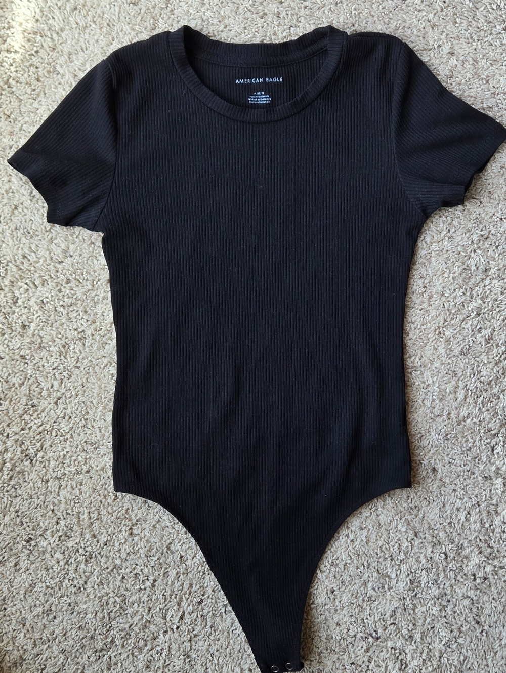 American Eagle Black Ribbed Bodysuit Short Sleeve Crew Neck Stretch Top Size M